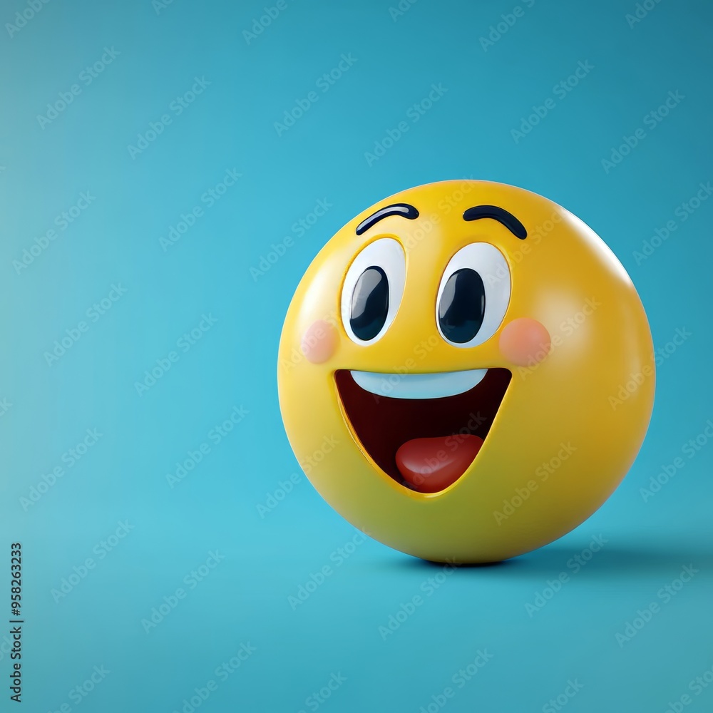 Fototapeta premium 3D Render, Illustration Joyful, Smiling Yellow Emoji Character Isolated on Vivid Blue Background