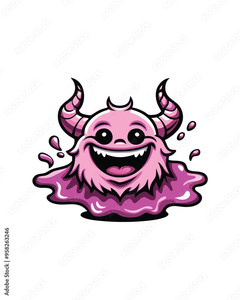 Cartoon illustration of a playful pink blob monster with horns, smiling happily and splattered on the ground. Cartoon illustration of a playful pink blob monster with horns, smiling happily and splattered on the ground.