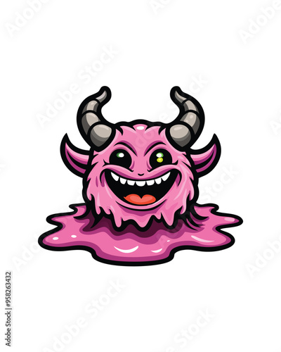 A playful, pink, blob-like monster with horns smiles happily and has a gooey, dripping body.