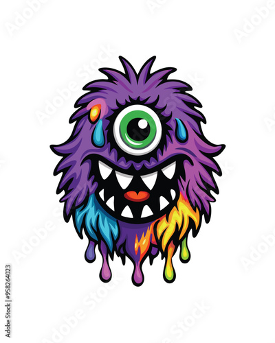 A playful, one-eyed monster with purple fur and colorful dripping paint.