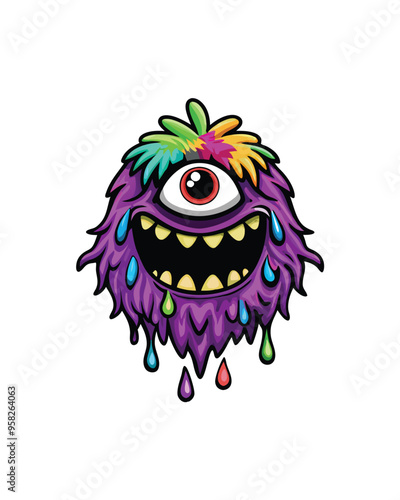 A cartoon one-eyed monster with purple fur, a big smile, and dripping colorful goo.