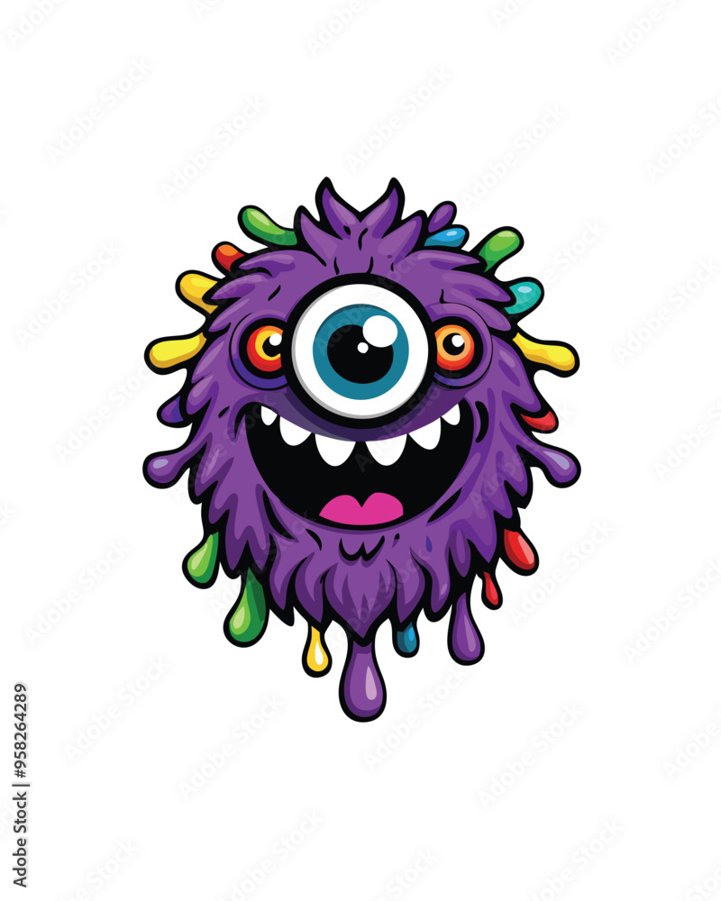 A playful, one-eyed monster with purple fur and rainbow-colored splotches. A playful, one-eyed monster with purple fur and rainbow-colored splotches.