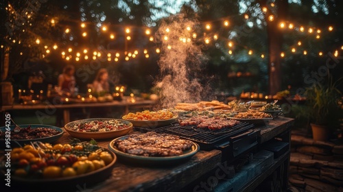 sizzling barbecue feast at twilight garden party string lights illuminating joyful gathering smoke wafting from grill colorful plates of food on rustic table