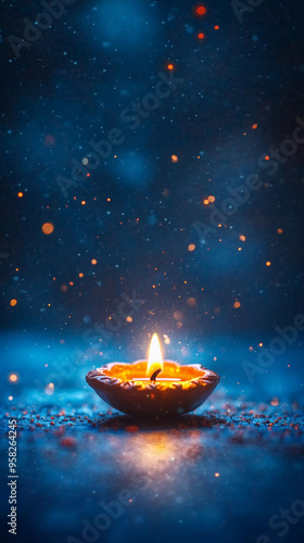 Diya on blue bokeh background with text space diwali concept