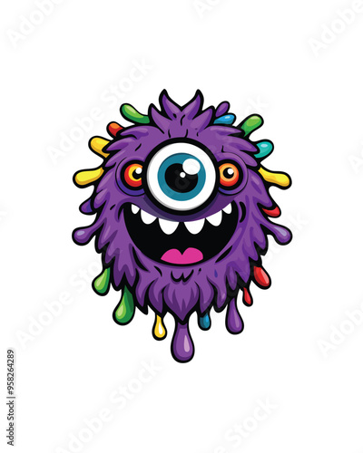 A playful, one-eyed monster with purple fur and rainbow-colored splotches.