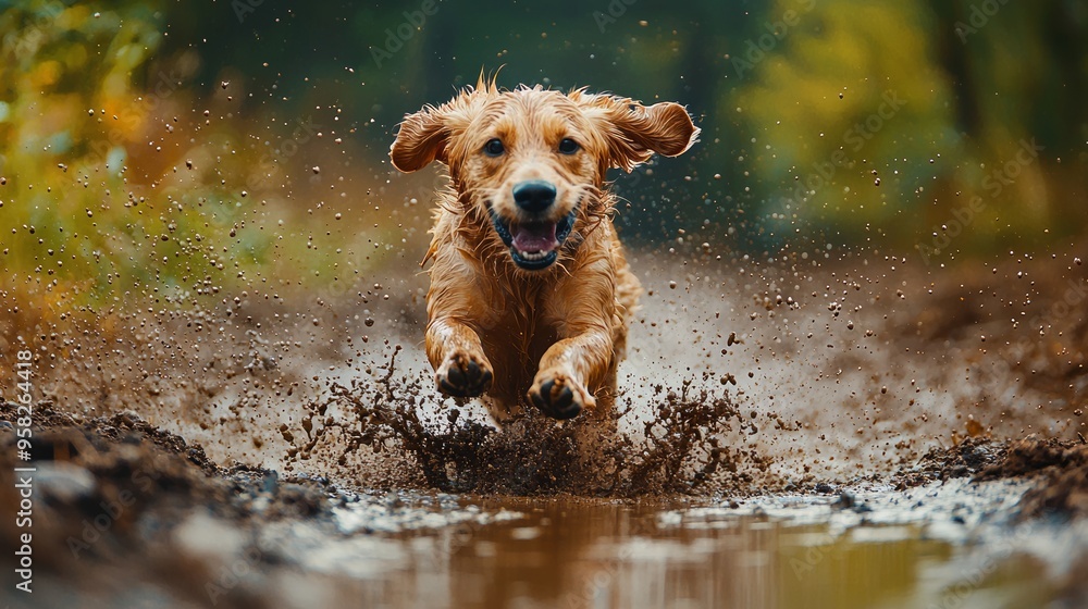 Golden retriever dog running through a muddy path in a forest Golden retriever dog running through a muddy path in a forest