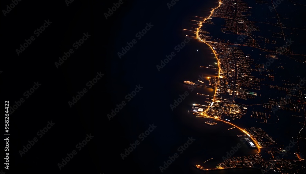 Obraz premium Aerial view of a coastal city at night, with a winding road and scattered lights illuminating the landscape against a dark background