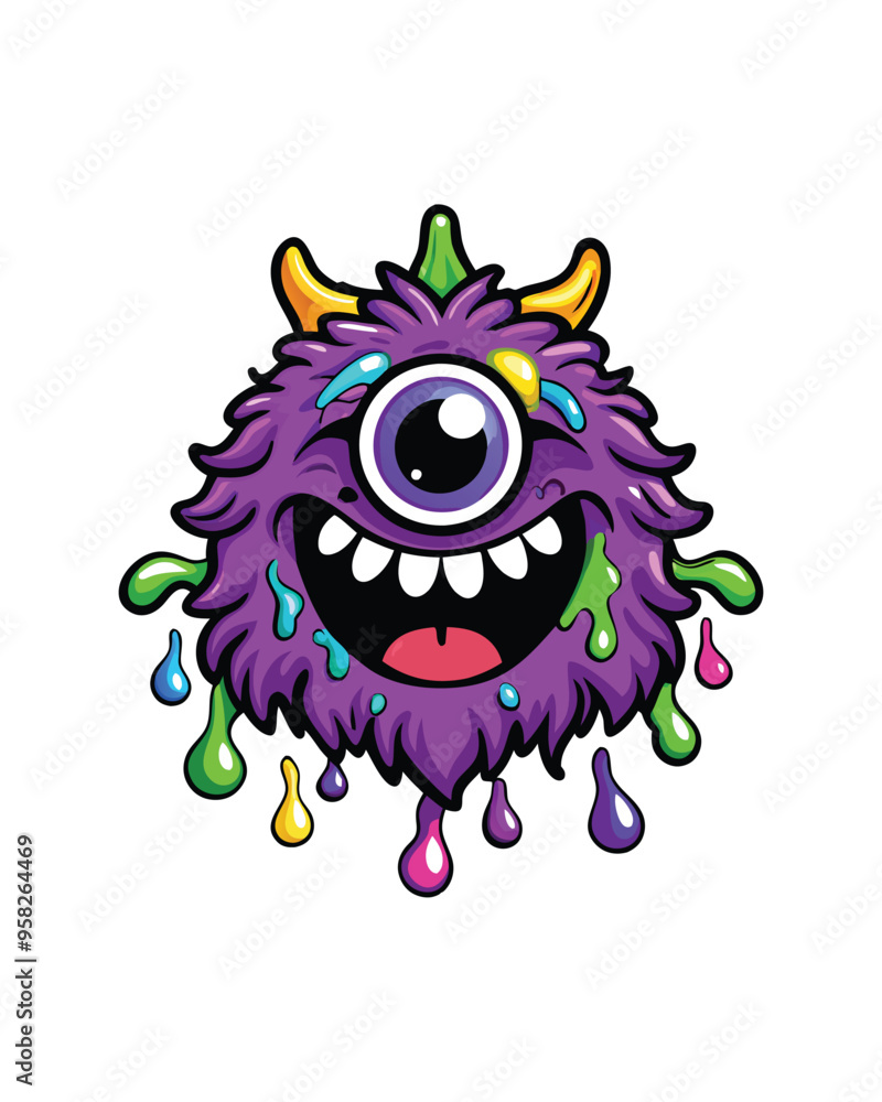 A playful one-eyed monster with purple fur, a big smile, and dripping colorful paint. A playful one-eyed monster with purple fur, a big smile, and dripping colorful paint.