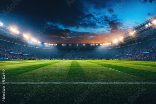 Aesthetic Shot of a Big and Empty Soccer Football Stadium With Crowd Of Fans Cheering in Excitement Before the Match. Lights Are Shining on The Sports Arena Grass Field. Sold Out Stadium Concept , ai