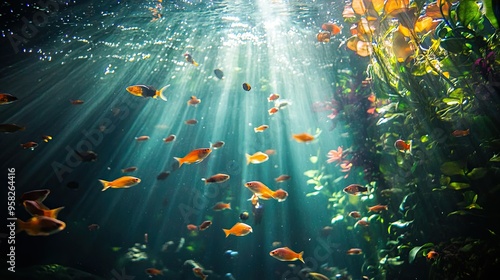 An array of tiny fish swimming gracefully in a well-lit aquarium in Chonburi, Thailand, with a backdrop of vivid underwater plants