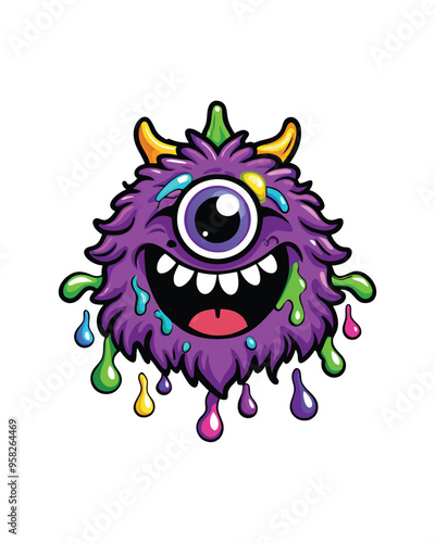 A playful one-eyed monster with purple fur, a big smile, and dripping colorful paint.