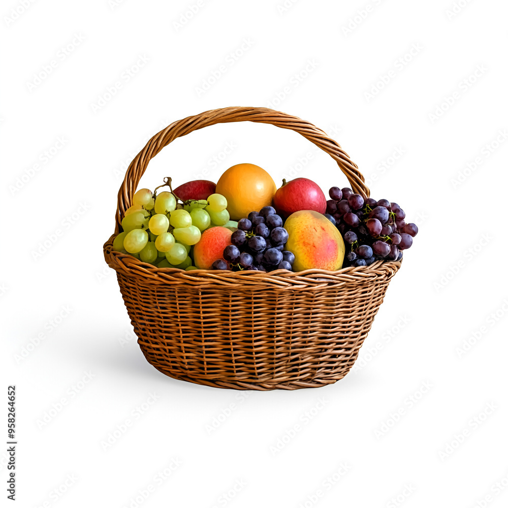 Wicker Realistic Fruits Basket On Side View isolated white background Wicker Realistic Fruits Basket On Side View isolated white background