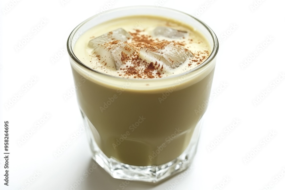 Refreshing Iced Green Tea Latte. Iced Beverage with Cinnamon in Glass, Isolated on White. Refreshing Iced Green Tea Latte. Iced Beverage with Cinnamon in Glass, Isolated on White.