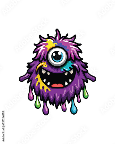 Illustration of a playful one-eyed monster with purple fur, dripping with colorful paint.