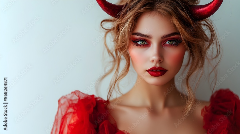 Alluring Devil Woman in Red Costume for Halloween Portrait Alluring Devil Woman in Red Costume for Halloween Portrait