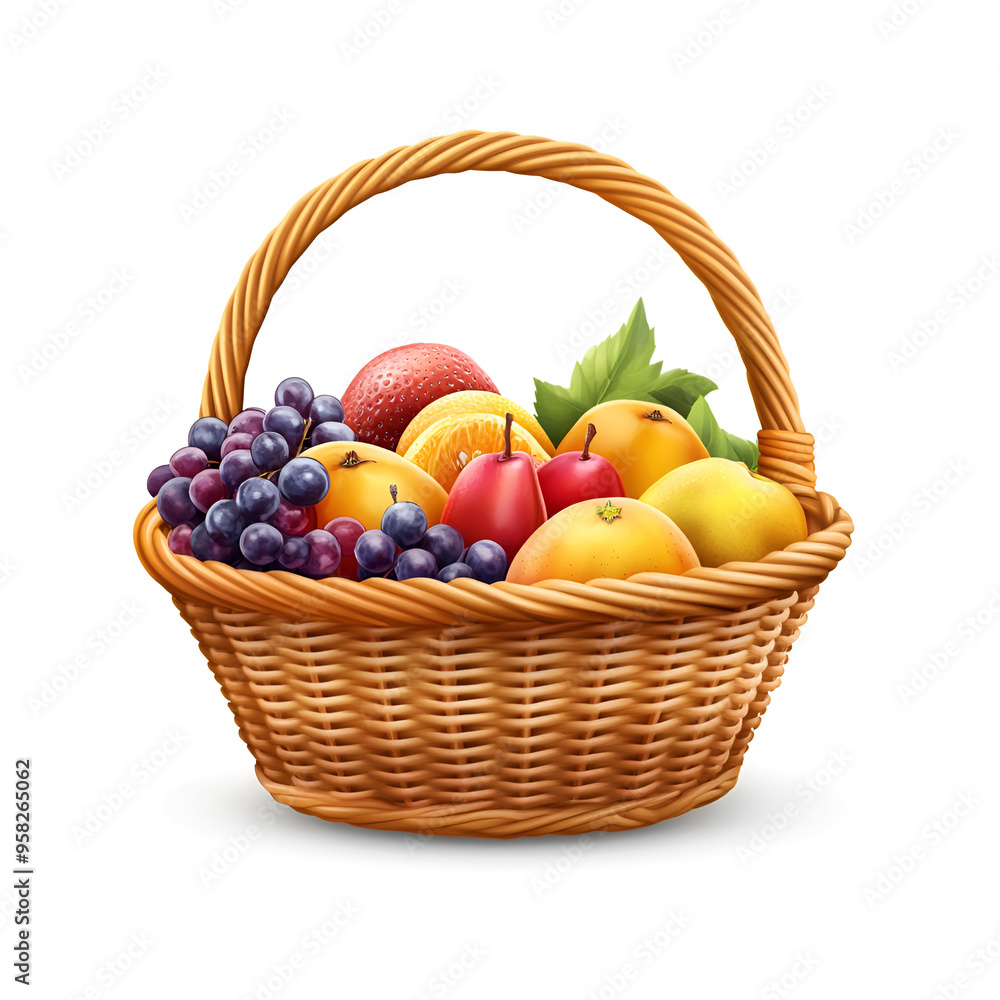 Wicker Realistic Fruits Basket On Side View isolated white background Wicker Realistic Fruits Basket On Side View isolated white background