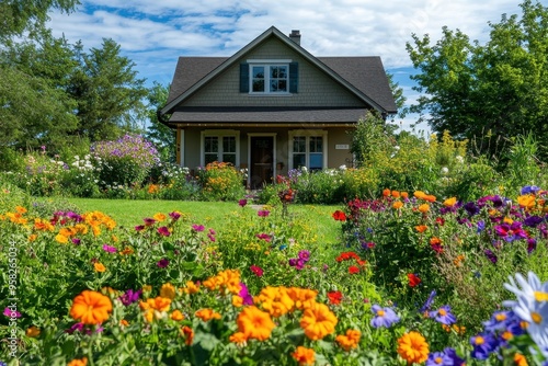 A charming house surrounded by vibrant flowers and greenery under a blue sky.