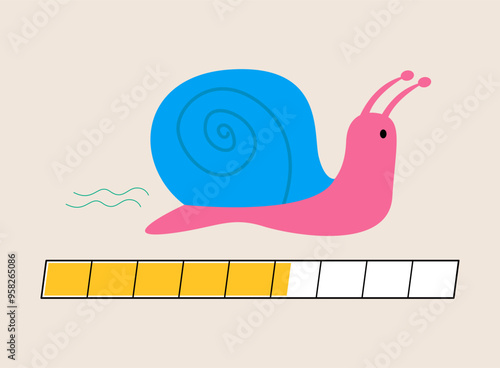 Progress loading bar, processing chart, Snail crawls slowly. Speed of request processing, uploading, sending. Colorful vector illustration
