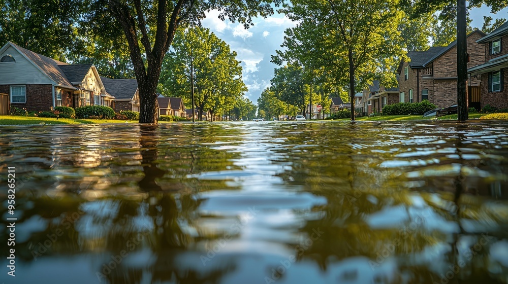 Fototapeta premium Flooded suburban street with water reflecting trees and houses