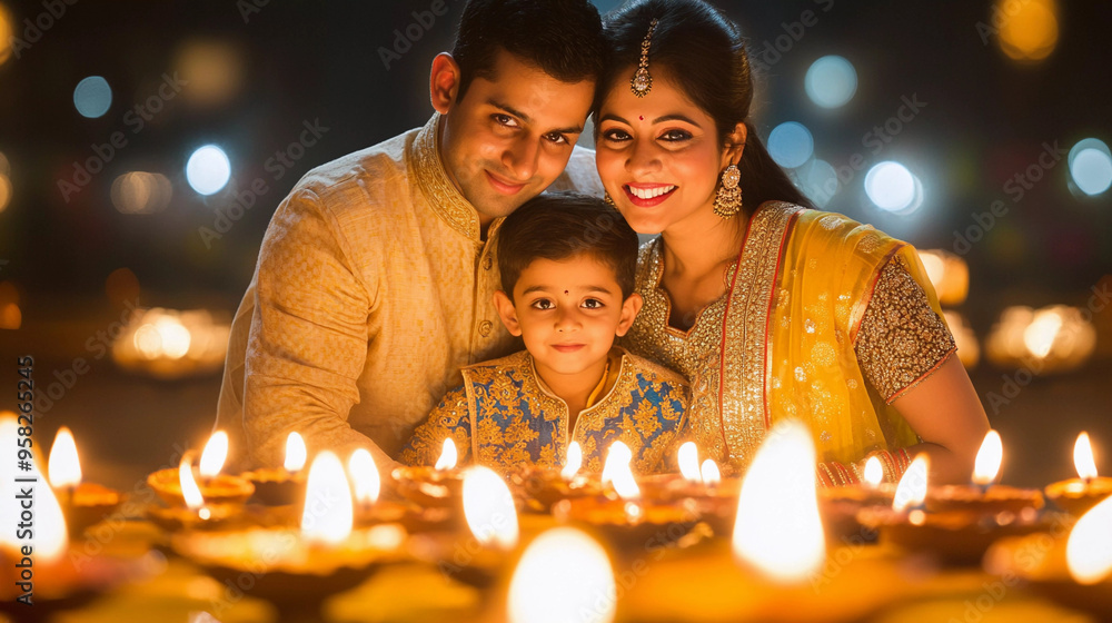 Portrait of indian family celebrating diwali at home Portrait of indian family celebrating diwali at home