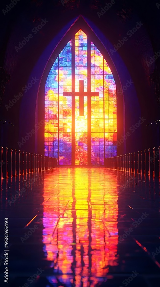Stained Glass Window In Church Interior With Cross 3D Illustration Stained Glass Window In Church Interior With Cross 3D Illustration