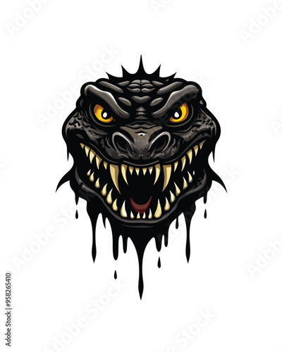 A reptilian monster with sharp scales covered in slime, dripping black ooze, yellow eyes, sharp teeth, snarling.