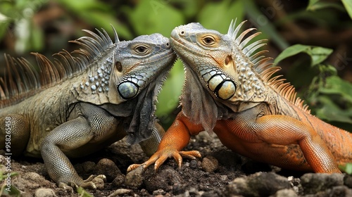 An iguana interacting with another iguana, displaying territorial or courtship behaviors.