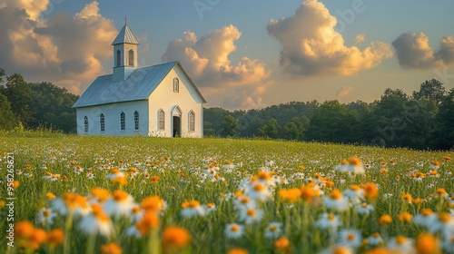 solitary sanctuary a quaint whitepainted country church standing alone against a serene sky surrounded by an expanse of lush green grass and wildflowers photo