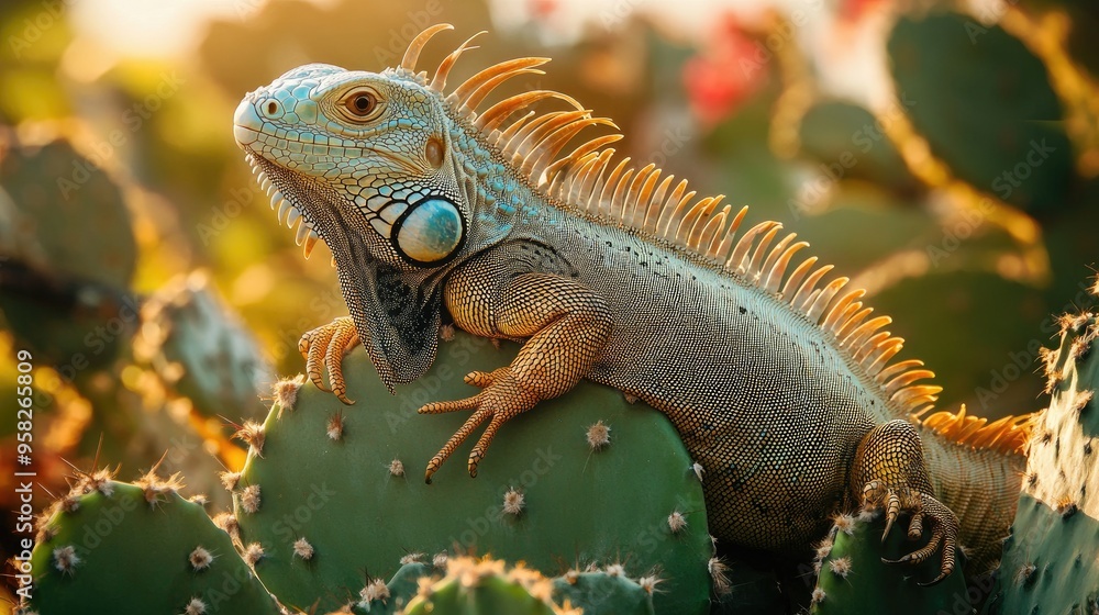 An iguana perched on a cactus, its tail curled around the spiny plant. An iguana perched on a cactus, its tail curled around the spiny plant.