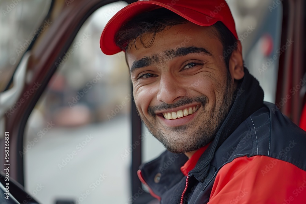 Happy Indian Male Driver in Delivery Van Uniform Offering a Bright Smile Happy Indian Male Driver in Delivery Van Uniform Offering a Bright Smile