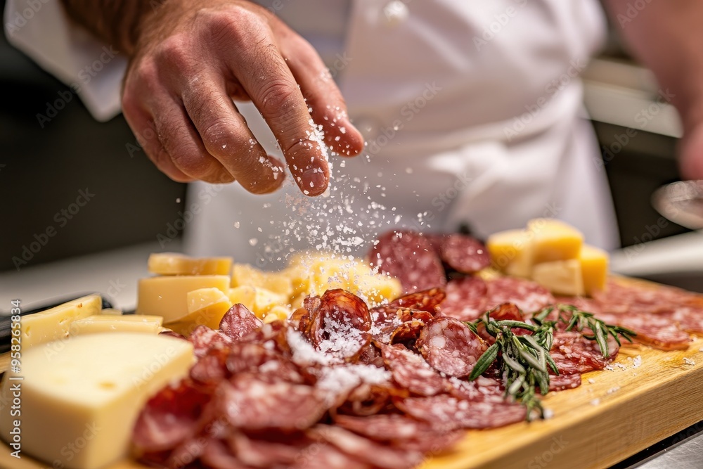 A chef garnishing a charcuterie board with meats and cheeses. A chef garnishing a charcuterie board with meats and cheeses.