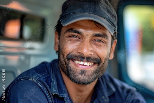 Happy Indian Male Driver in Delivery Van Uniform Offering a Bright Smile