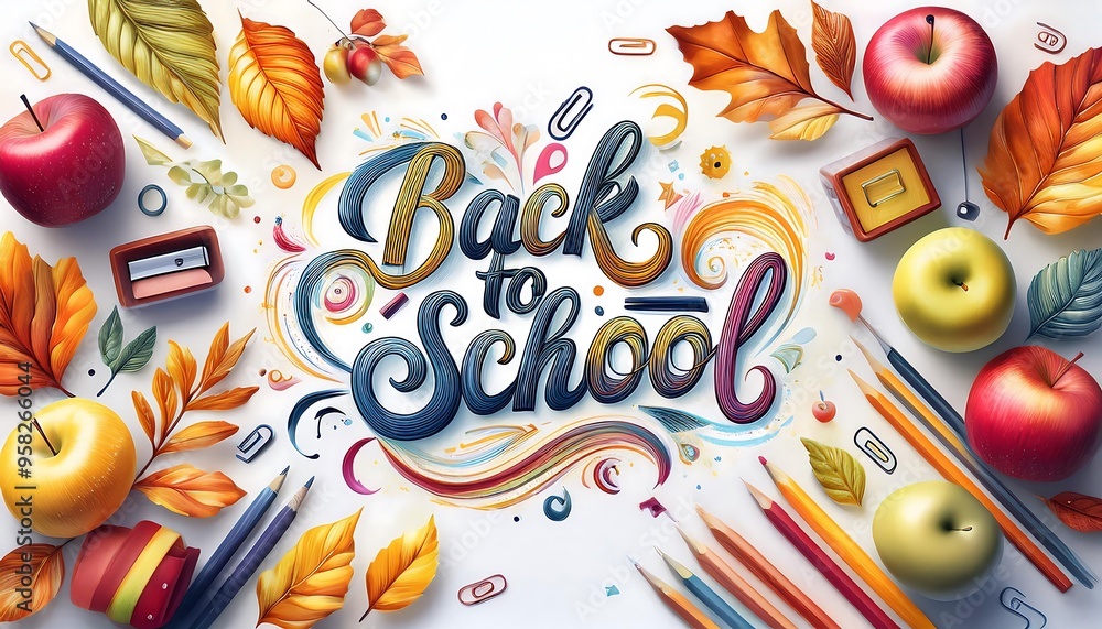 Back to School lettering poster design with modern script calligraphy with fluid, dynamic lines, surrounded by autumn elements - fall leaves apples. Top view. Graphic art illustration mockup Back to School lettering poster design with modern script calligraphy with fluid, dynamic lines, surrounded by autumn elements - fall leaves apples. Top view. Graphic art illustration mockup
