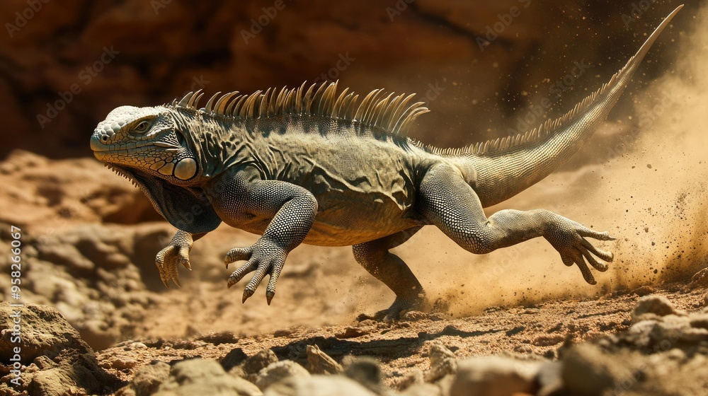 An iguana running across a rocky landscape, its long legs propelling it forward. An iguana running across a rocky landscape, its long legs propelling it forward.