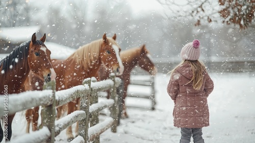 Child watching horses in a snowy winter scene by a wooden fence