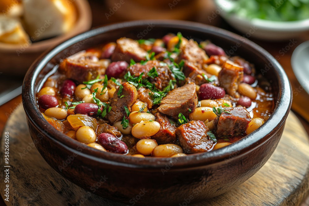 Savoring the warmth of homemade fabada asturiana with stewed beans in a rustic setting on a cozy autumn evening Savoring the warmth of homemade fabada asturiana with stewed beans in a rustic setting on a cozy autumn evening