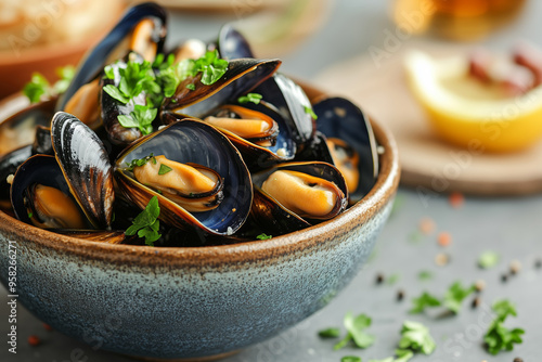 Steamed mussels prepared with wine and cream served in a rustic bowl beside fresh herbs and crusty bread during a cozy dining experience