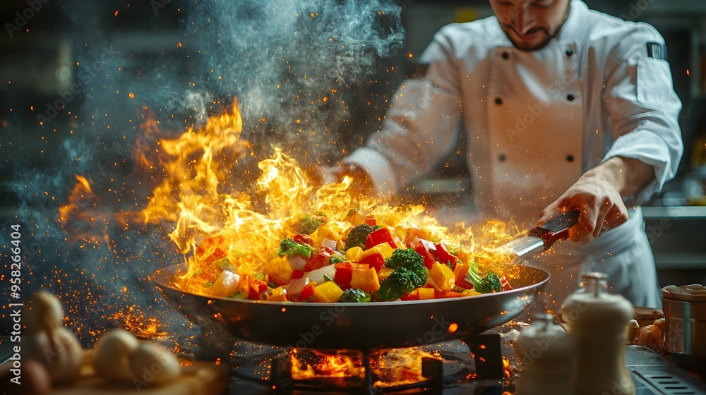 Chef tossing vibrant vegetables in a pan, dramatic flames shooting up, chaotic kitchen atmosphere, photo-realistic, high contrast, intense heat and motion, urgent fire scene Chef tossing vibrant vegetables in a pan, dramatic flames shooting up, chaotic kitchen atmosphere, photo-realistic, high contrast, intense heat and motion, urgent fire scene
