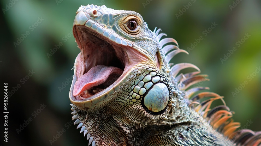 Fototapeta premium An iguana yawning, showing off its impressive array of teeth.