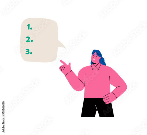 Business woman tells instructions for work. Indication, list of items. Flat vector illustration isolated on white background