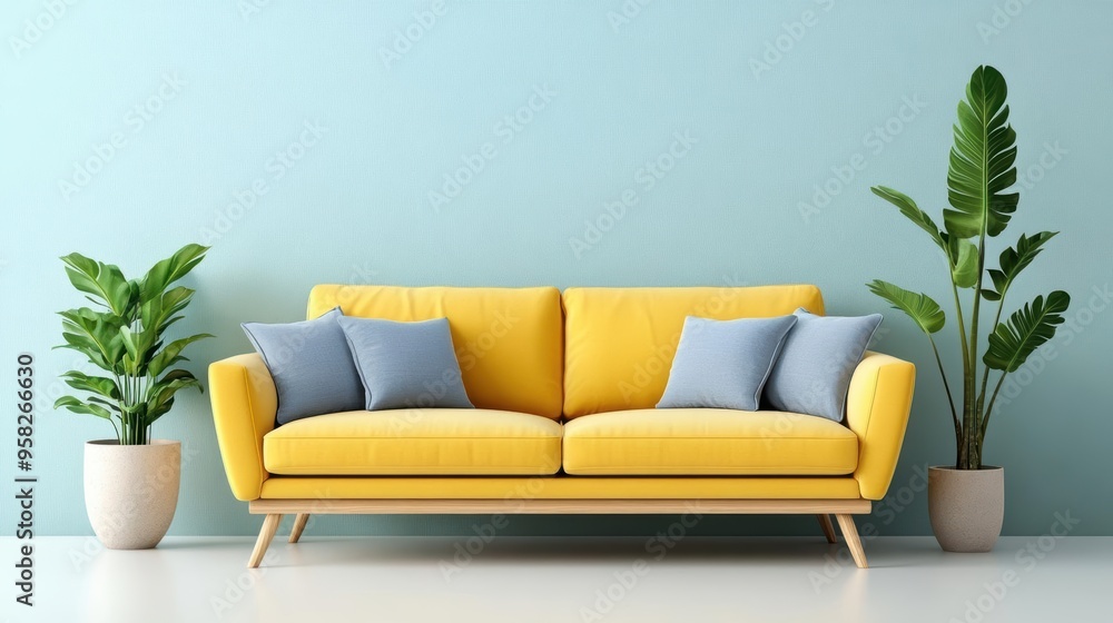 Bright yellow sofa paired with decorative pillows, set against a calming blue wall and surrounded by lush green plants. Bright yellow sofa paired with decorative pillows, set against a calming blue wall and surrounded by lush green plants.