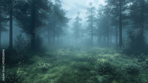 A serene foggy forest scene, showcasing lush greenery and towering trees, perfect for evoking a sense of calm and tranquility.