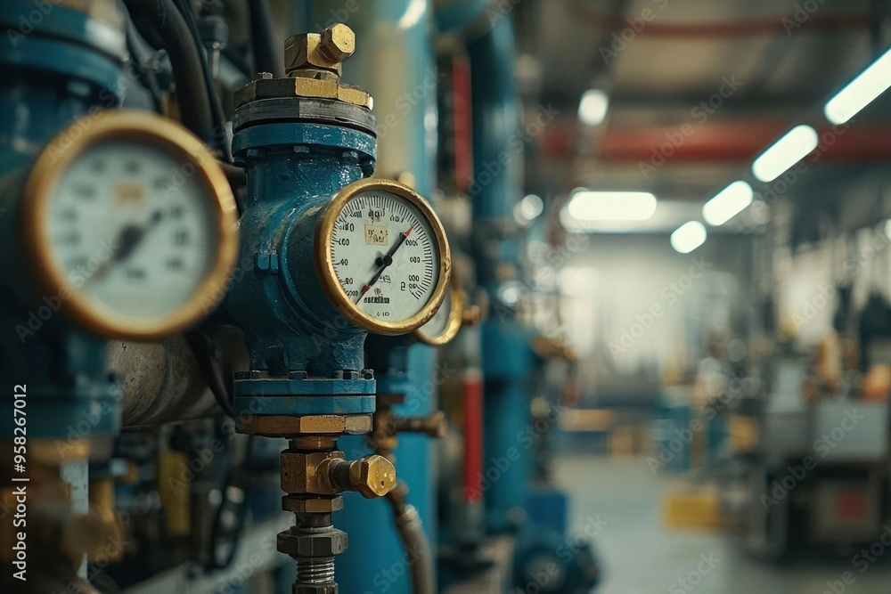 Close-up of industrial pressure gauges and valve in a factory setting Close-up of industrial pressure gauges and valve in a factory setting