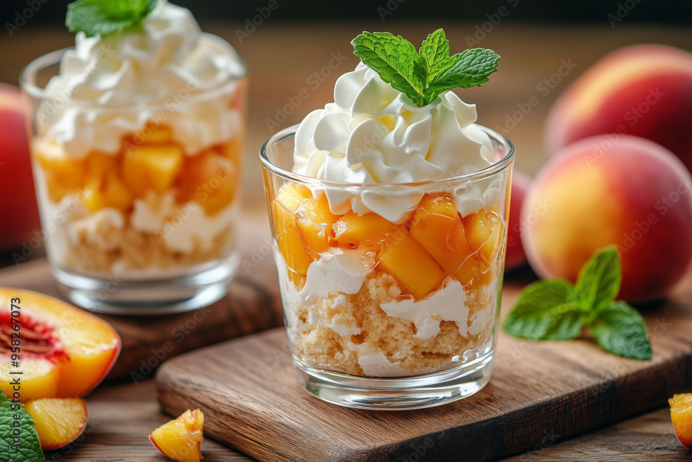 Delightful summer dessert featuring Eton mess with fresh peaches, crushed meringue, and whipped cream on a rustic wooden surface Delightful summer dessert featuring Eton mess with fresh peaches, crushed meringue, and whipped cream on a rustic wooden surface