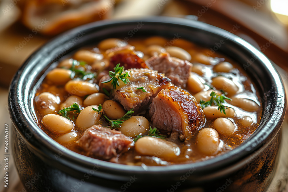 Savoring the rich flavors of authentic Fabada asturiana in a rustic setting, showcasing traditional Asturian culinary artistry Savoring the rich flavors of authentic Fabada asturiana in a rustic setting, showcasing traditional Asturian culinary artistry