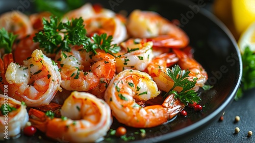 Delicious cooked shrimp garnished with parsley on black plate