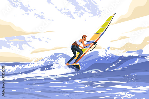 Windsurfer riding waves on ocean under cloudy sky dynamic water sports scene vibrant colors outdoor activity