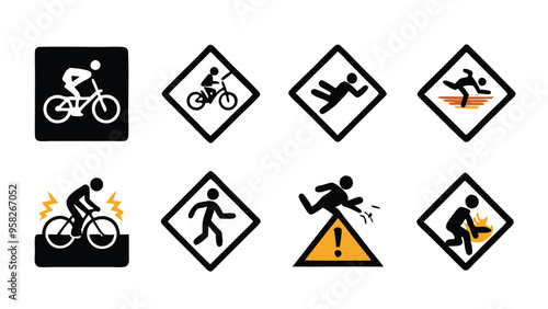 Set of pictograms depicting various types of accidents, including a man falling off a bike, a man tripping and falling, and a man getting electrocuted.
