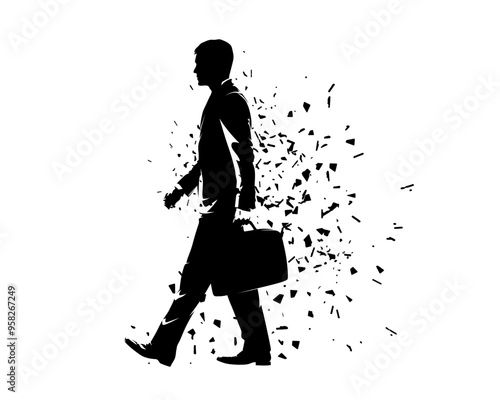 Business man walking and holding  briefcase bag in his hand, isolated vector silhouette, ink drawing. Side view