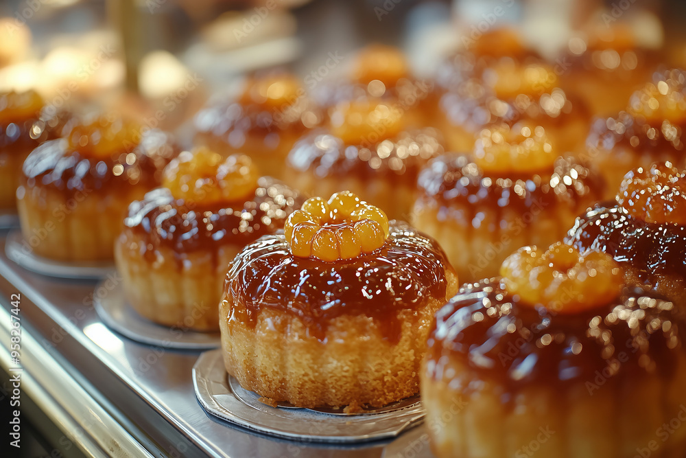 Delicious baba au rhum desserts displayed in a charming French patisserie showcasing their glistening caramel toppings Delicious baba au rhum desserts displayed in a charming French patisserie showcasing their glistening caramel toppings